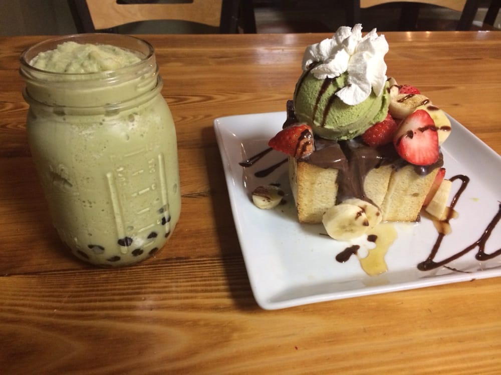 Matcha green tea slush w boba and honey brick toast Yelp