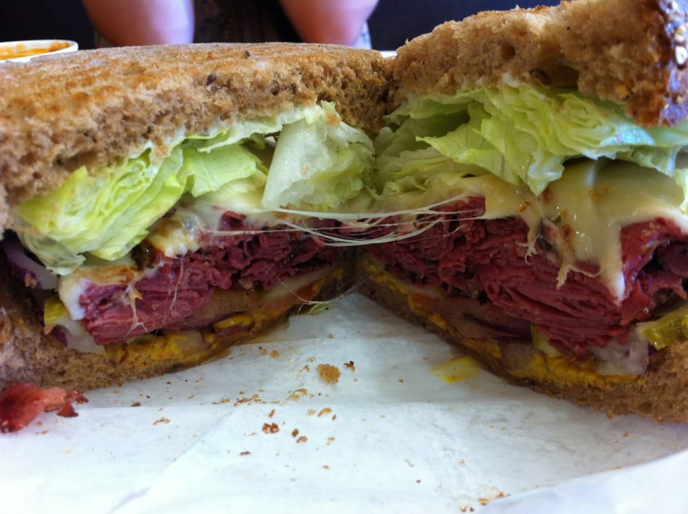 Hot Pastrami Sandwich on rye bread, swiss cheese, w/everything (mayo