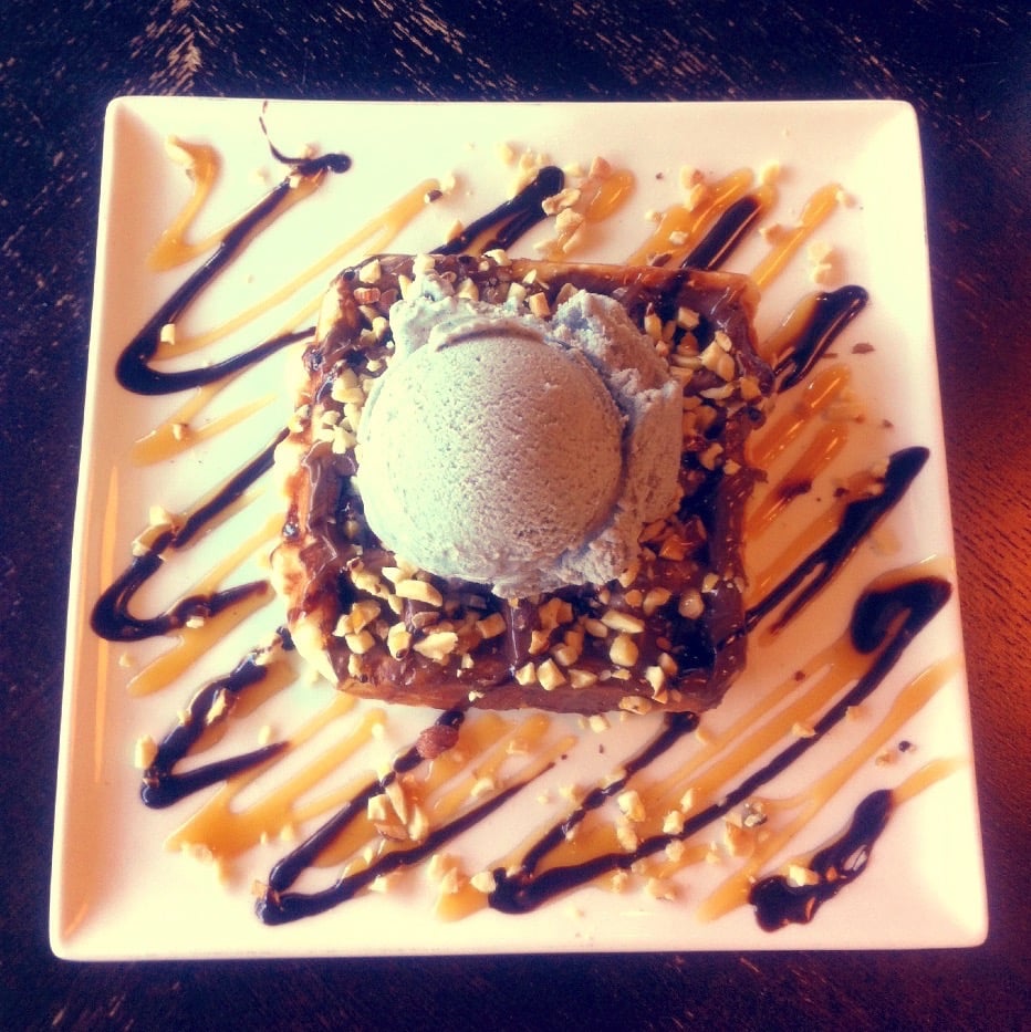Liege waffle w/ Nutella, mixed nuts and black sesame gelato. The waffle