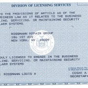 Rossmann Repair Group - New York, NY, United States. Security camera installation license from Department of State.