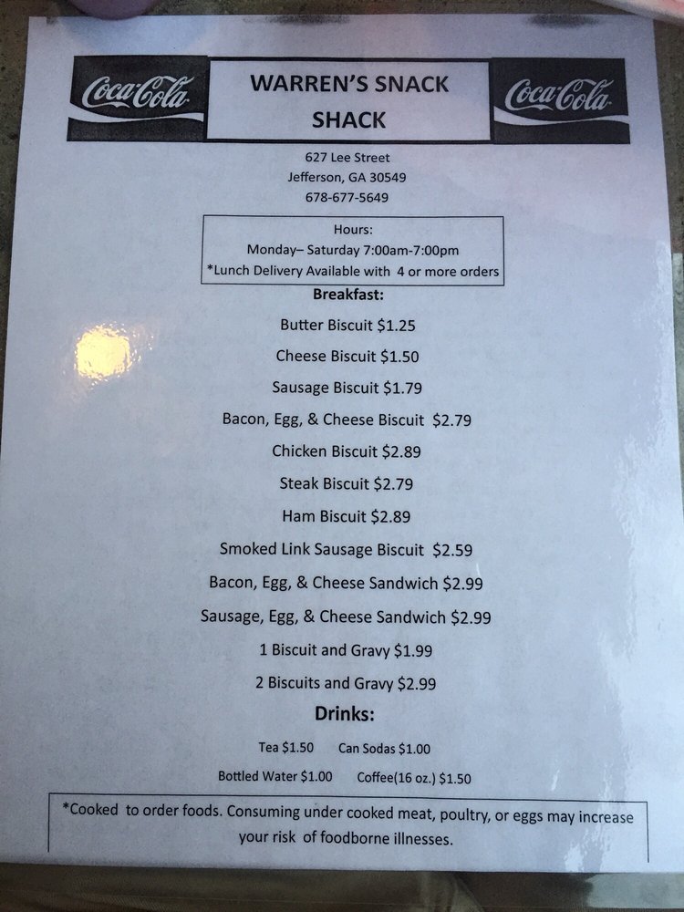 Online Menu of Warrens Snack Shack Restaurant, Jefferson,