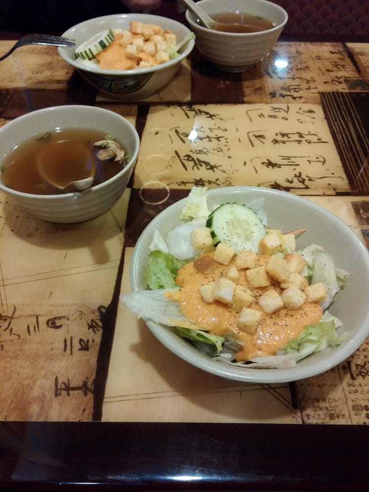 Salad with ginger dressing and clear broth soup. Yelp