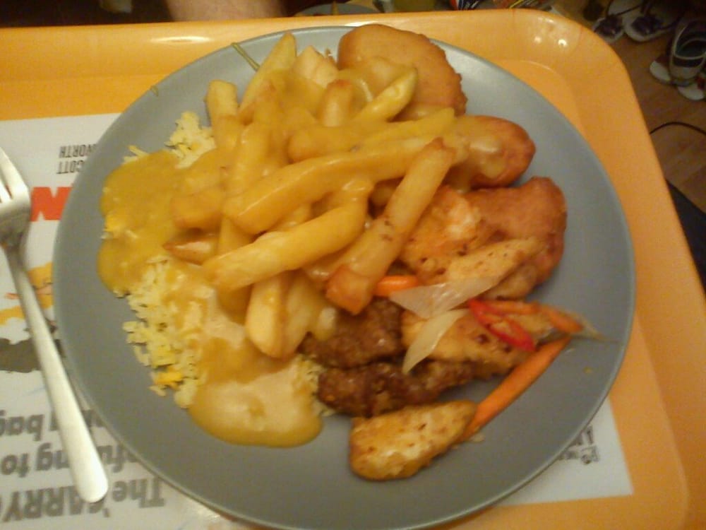 Salt and chili crispy house special, curry sauce, fried rice, chips and