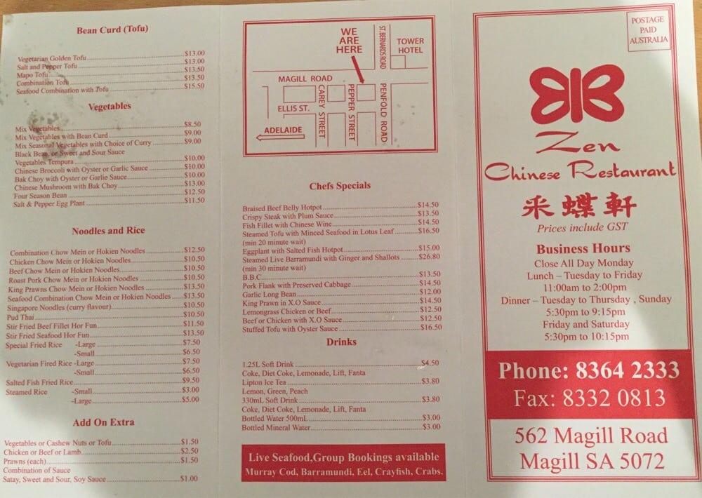 Zen Chinese Restaurant Chinese 562 Magill Rd, Magill, Magill South