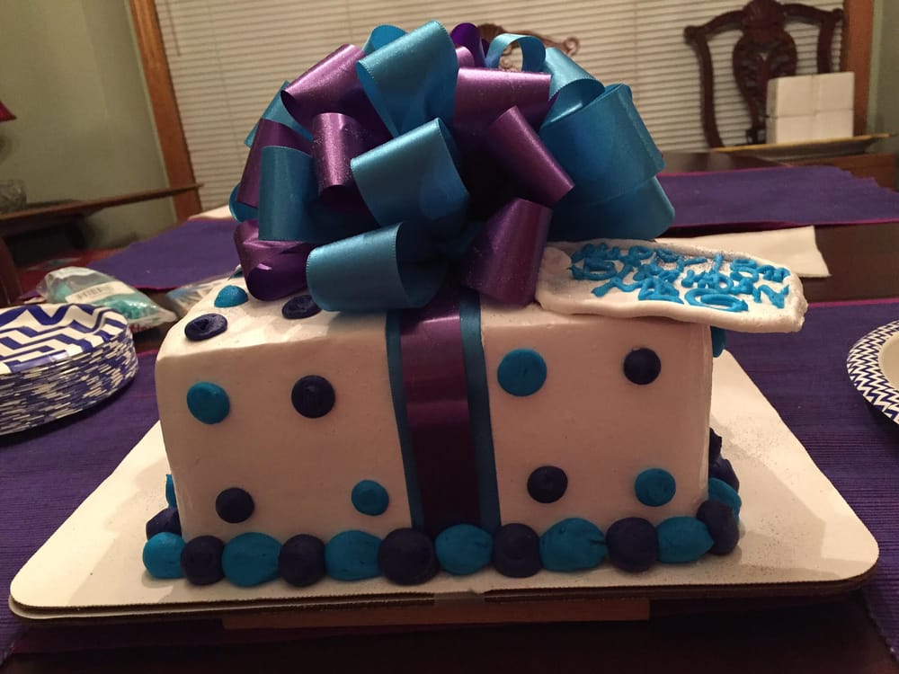 Birthday Cake shaped like a present. Chocolate chip cake with chocolate