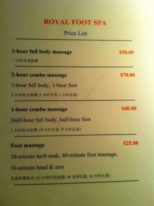 Royal Foot Spa price list Yelp