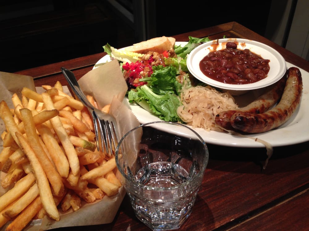 Nürnberger Bratwurst with fries, baked beans, salad - Yelp