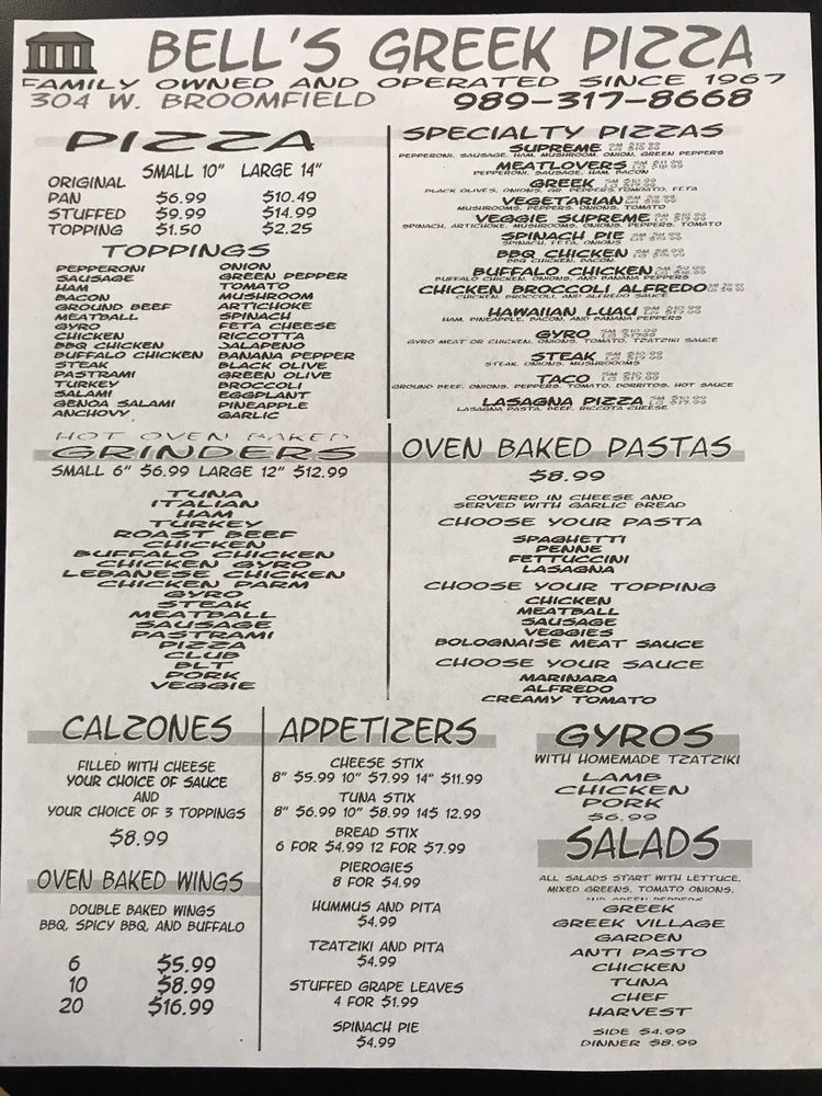 Online Menu Of Bells Greek Pizza Restaurant Mount Pleasant