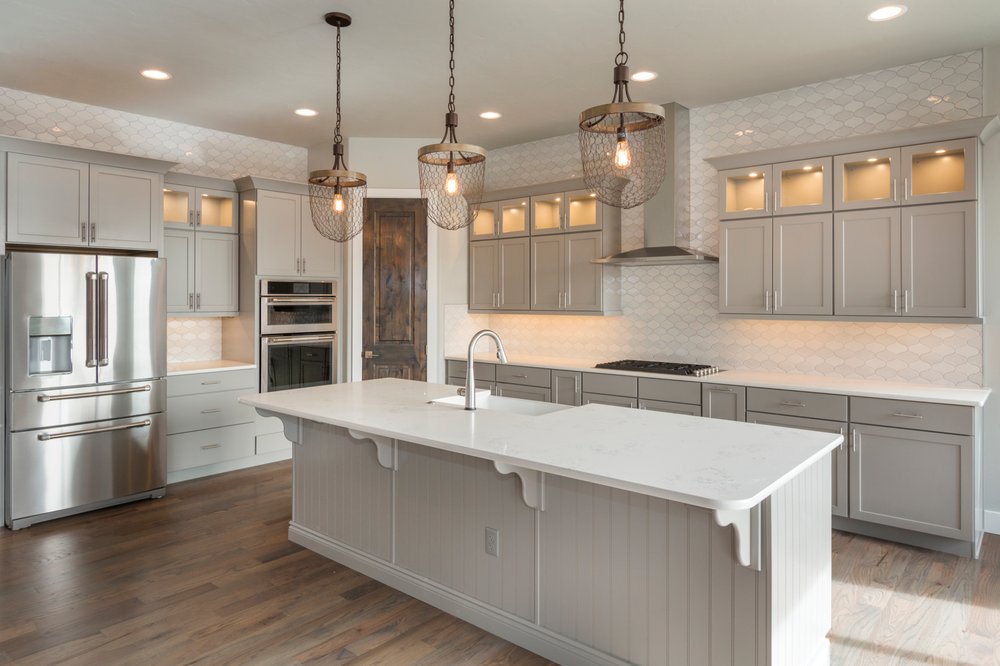 Open Kitchen Island Sink Full Backsplash Recessed Lights