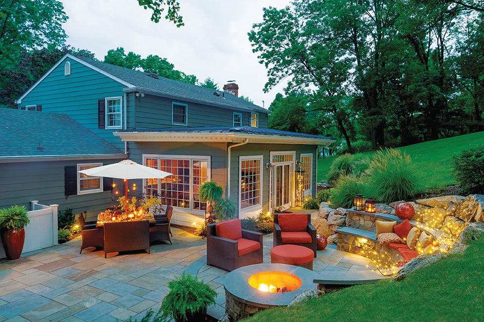Blue Stone Patio With Fire Pit And Eating Area Built By Gasper Yelp Photo Of Gasper Home Garden Showplace Richboro Pa United States Blue