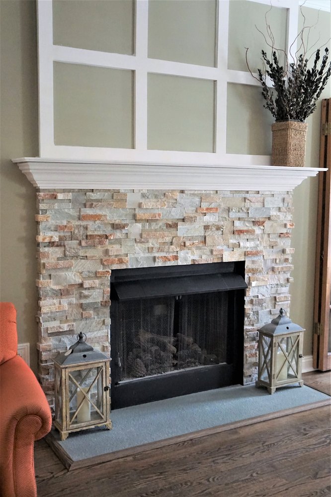 Fireplace Facelift With Real Stacked Stone Wrap Custom Wood Mantel Photo Of J Wood Flooring Pineville Nc United States Fireplace Facelift With