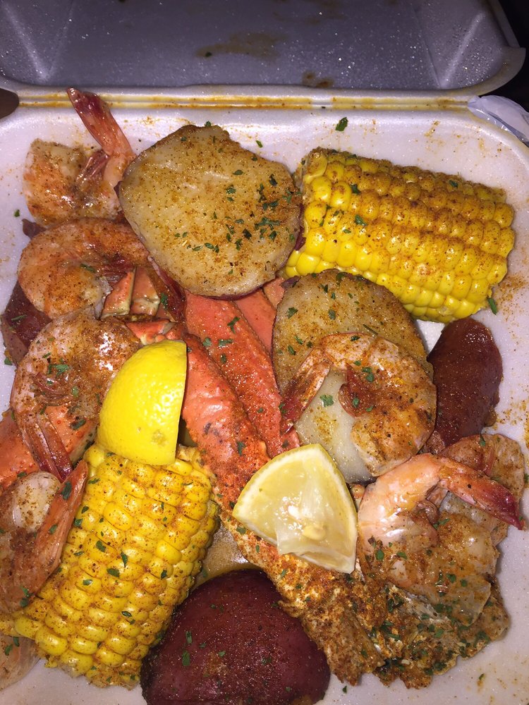 Low country boil (#73). Crab legs, corn, potatoes, shrimp ...