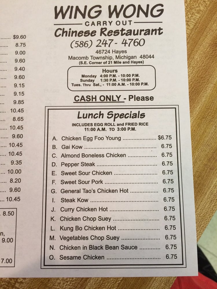 Wing Wong Carryout Restaurant Chinese 46724 Hayes Rd MI