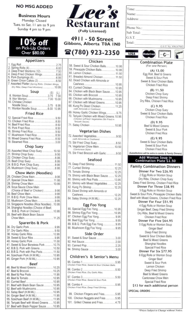 Lee’s Restaurant Chinese 4921 50 Avenue, Gibbons, AB Restaurant