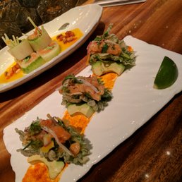Crunchy salmon tacos - on battered and fried shiso leaves