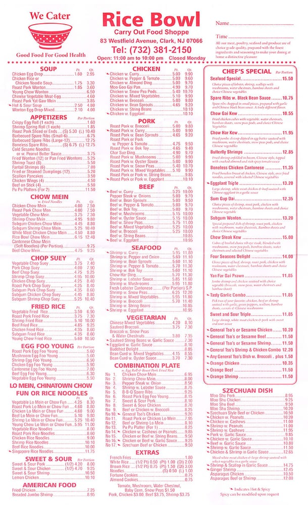 Rice BowlWestfield Av 18 Reviews Chinese 83 Westfield Ave, Clark