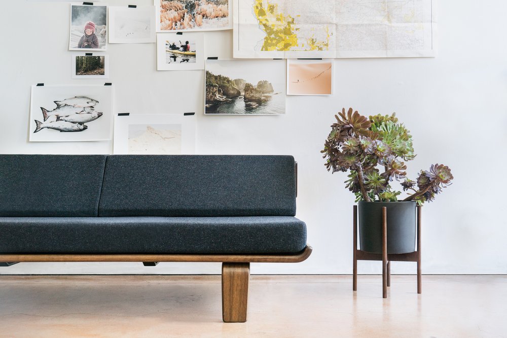 Modernica Alpine Daybed And Ceramic Cylinder With Walnut Stand Made Photo Of Modernica Showroom Los Angeles Ca United States Alpine Daybed