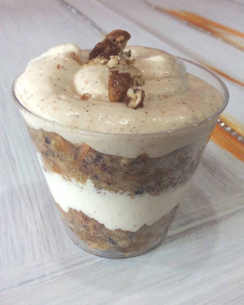 Carrot cake parfait with cinnamon cream cheese icing and