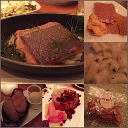Craft - Los Angeles, CA, United States. King salmon; Squash hummus; Gnocchi; Navajo fry bread; Chocolate Panna Cotta; complimentary cereal.