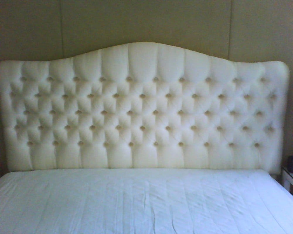 Custom Tufted Headboard upholstered in a white upholstery velvet. Yelp