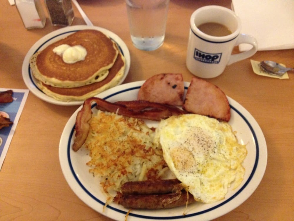 Bacon, Sausage, Ham, Eggs, Hash Browns, Pancakes, & Coffee Yelp