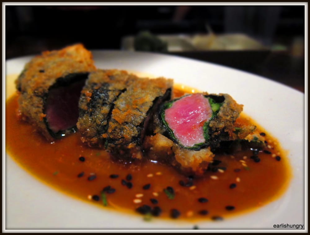 Hawaiian ahi, arugula and spinach wrapped into a sushi roll, panko