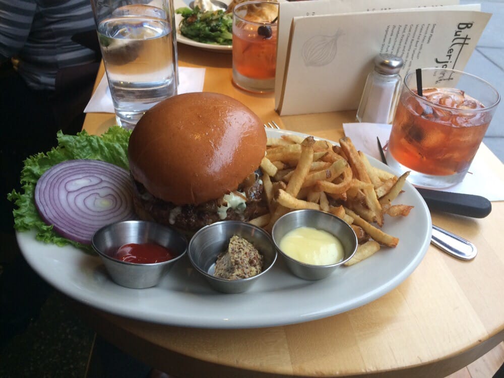 Drooling burger with caramelized onions + blue cheese. Cocktail of