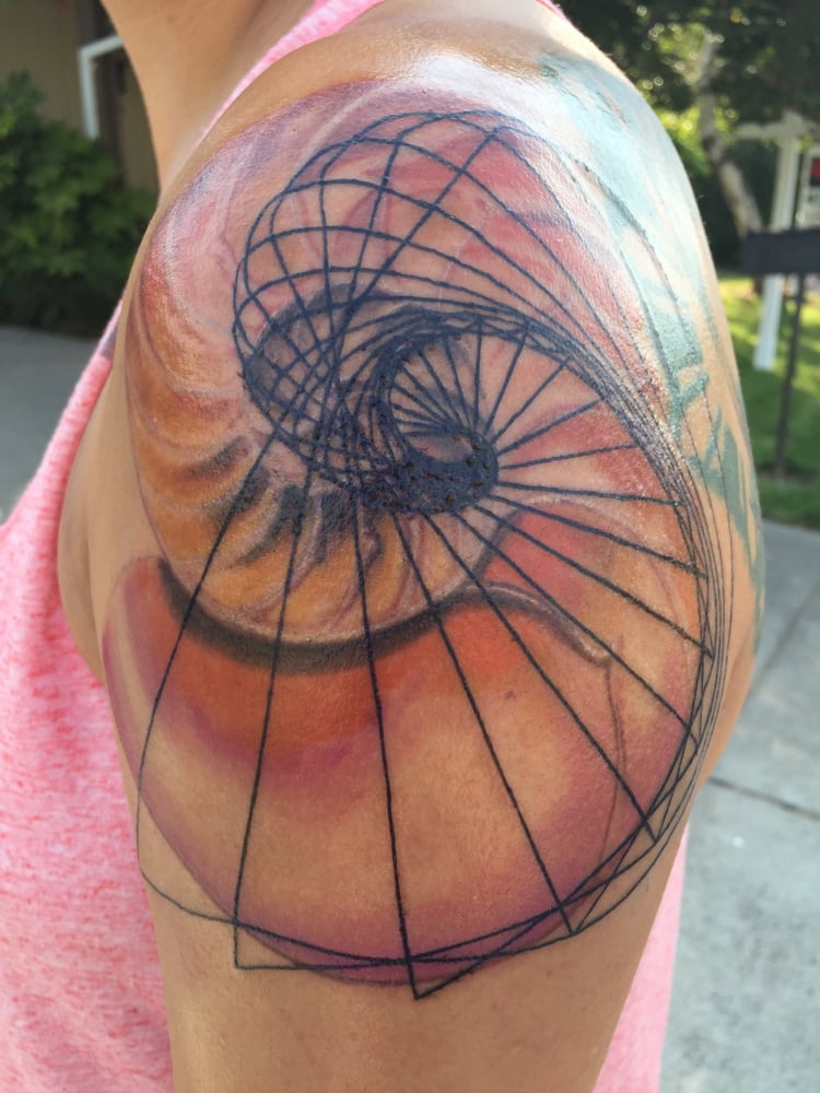 nautilus with a fibonacci spiral overlaid tattoo by andre garcia nautilus with a fibonacci spiral overlaid tattoo by andre garcia