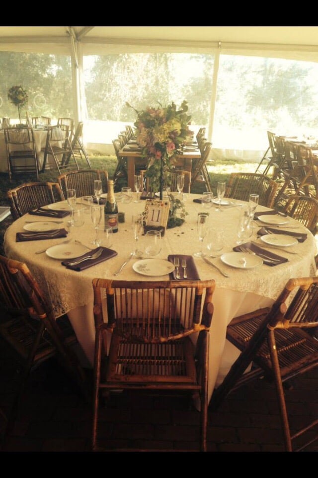 Rustic Table Set Up With Lace Overlays And Rattan Chairs Yelp