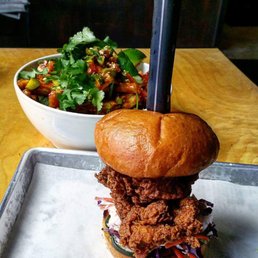 Fried chicken sandwich and Dan Dan fries.
