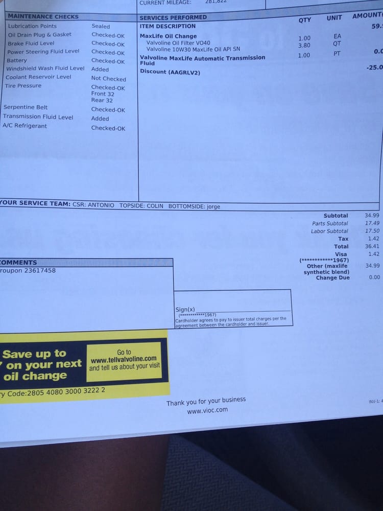 valvoline receipt yelp