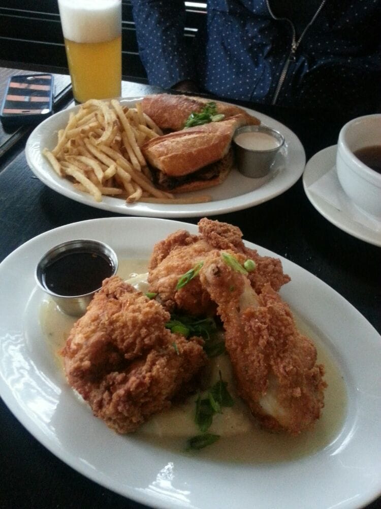 Fried chicken with garlic mash and filet mignon french dip with fries