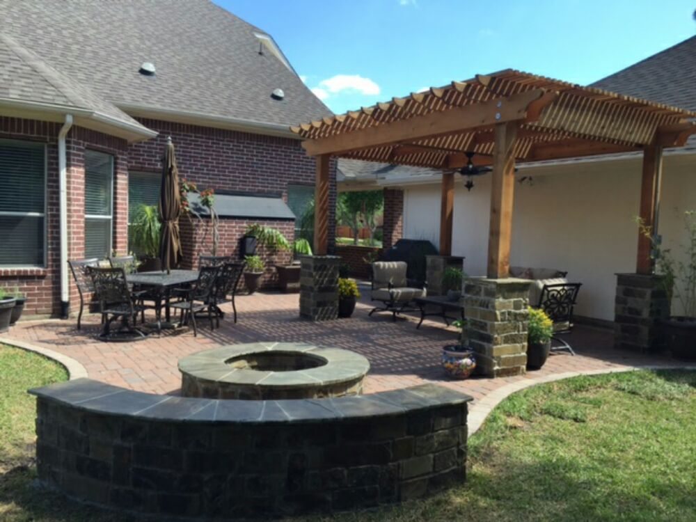 Cedar Pergola Stone Bench Firepit Columns Terra Cotta Flashed Photo Of Stevens Landscaping Services Katy Tx United States Cedar Pergola