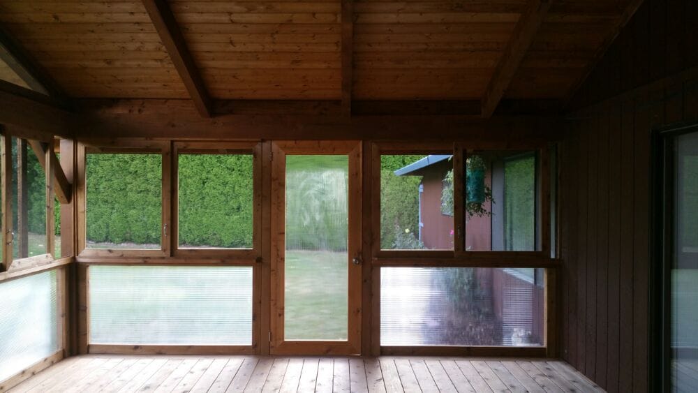 Timber Framed Patio Cover Interior Featuring Exposed Beam Tongue