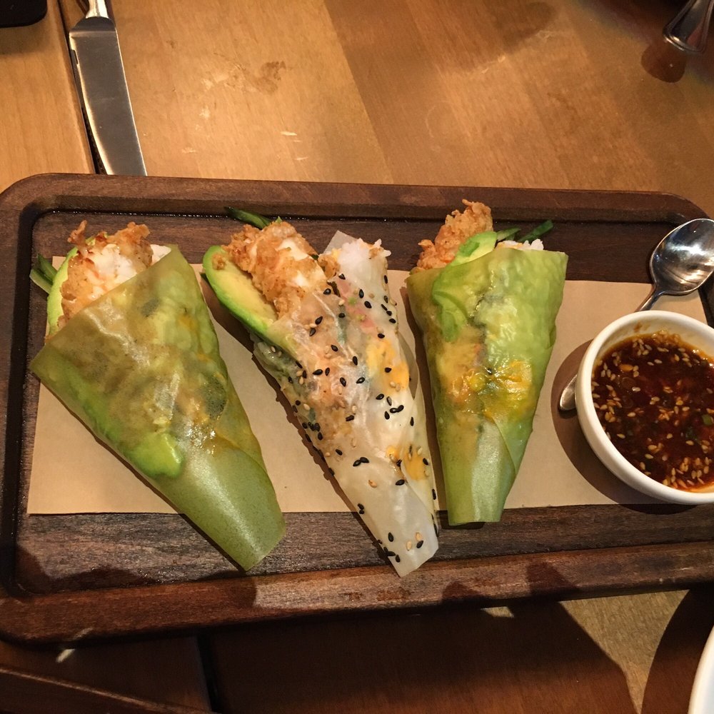 Sushi cones order of 3 has tempura shrimp and the dipping sauce is great Yelp