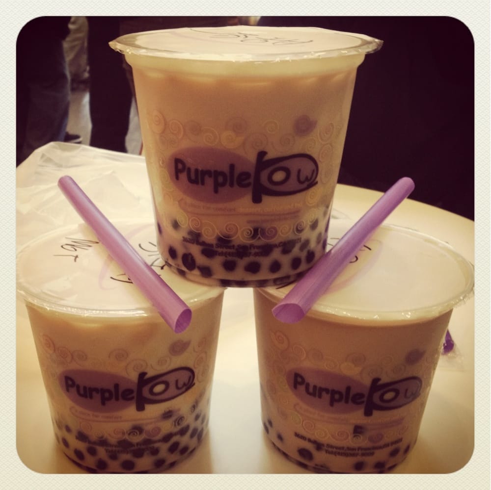 Purple Kow black milk tea with boba and grass jelly, Purple Kow green