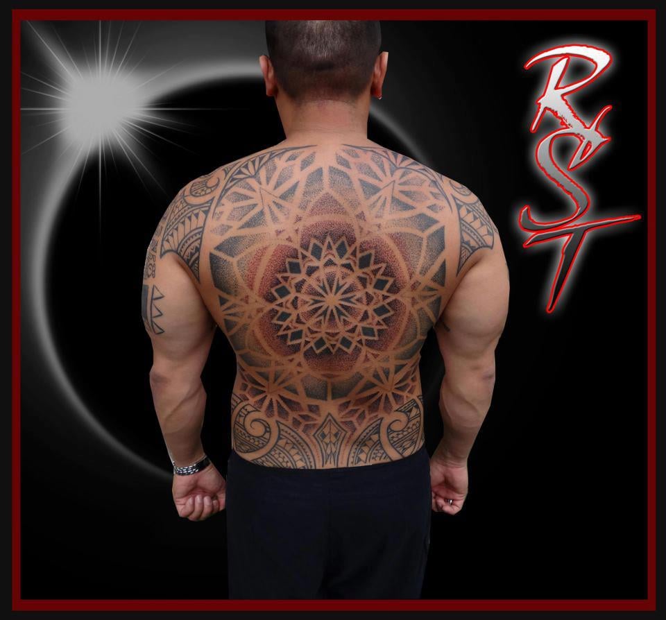 seed of life dotwork tattoo framed with polynesian artist seed of life dotwork tattoo framed with polynesian artist