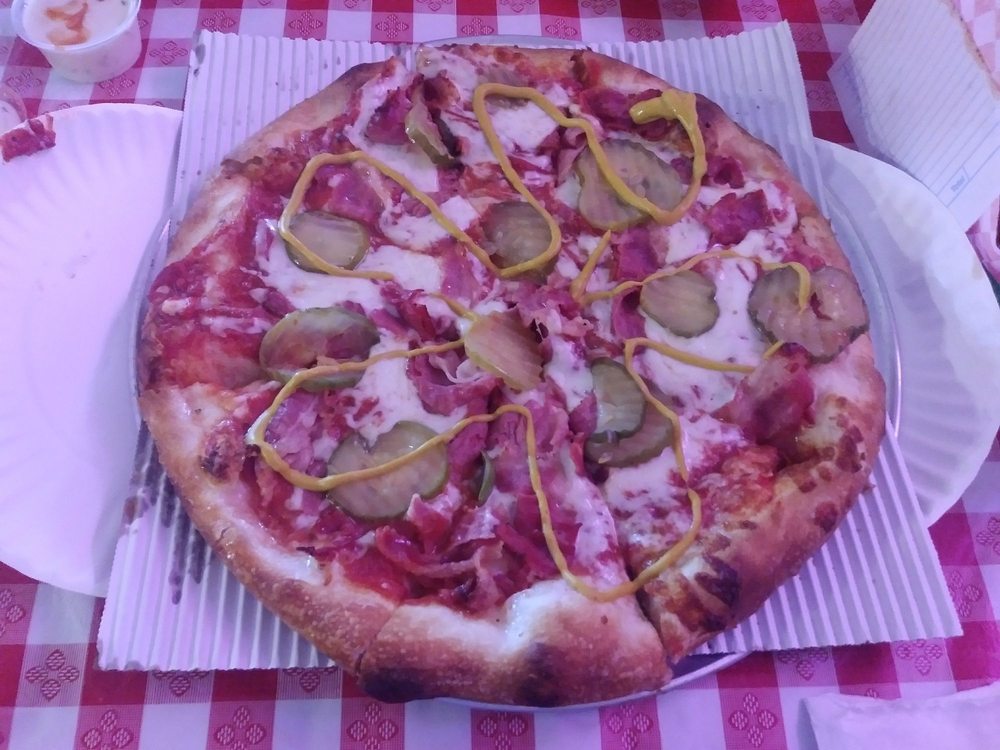 Pastrami Pizza With Whole Round Pickles Great Red Sauce Yelp