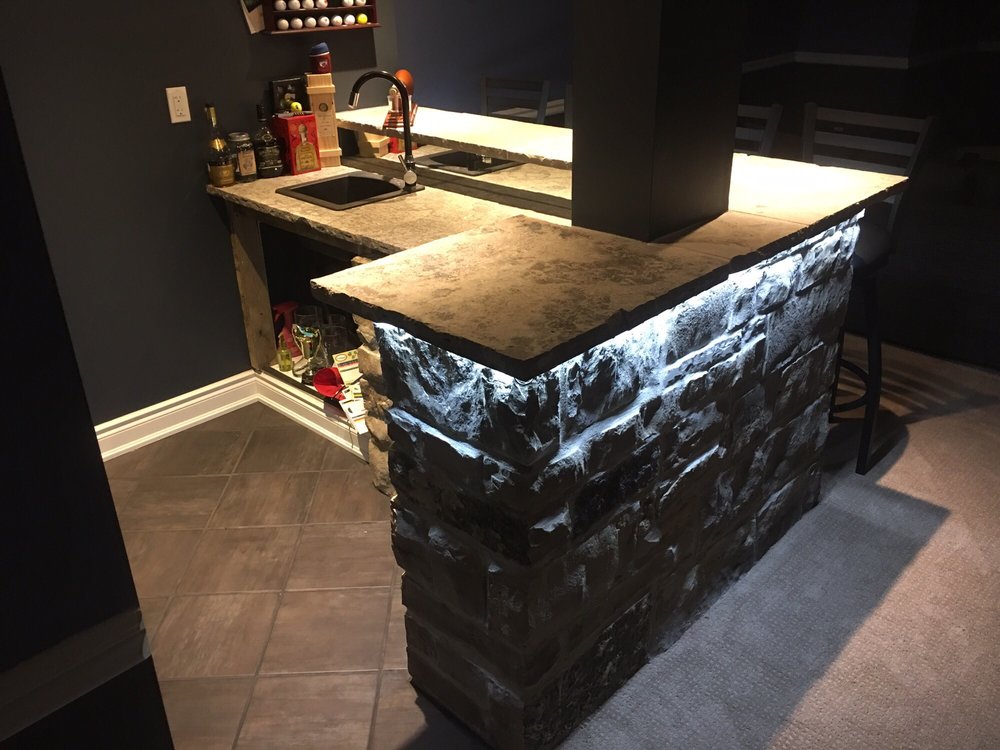 Custom Natural Stone Bar With Mirror Backsplash And Led Custom Natural Stone Bar With Mirror Backsplash And Led