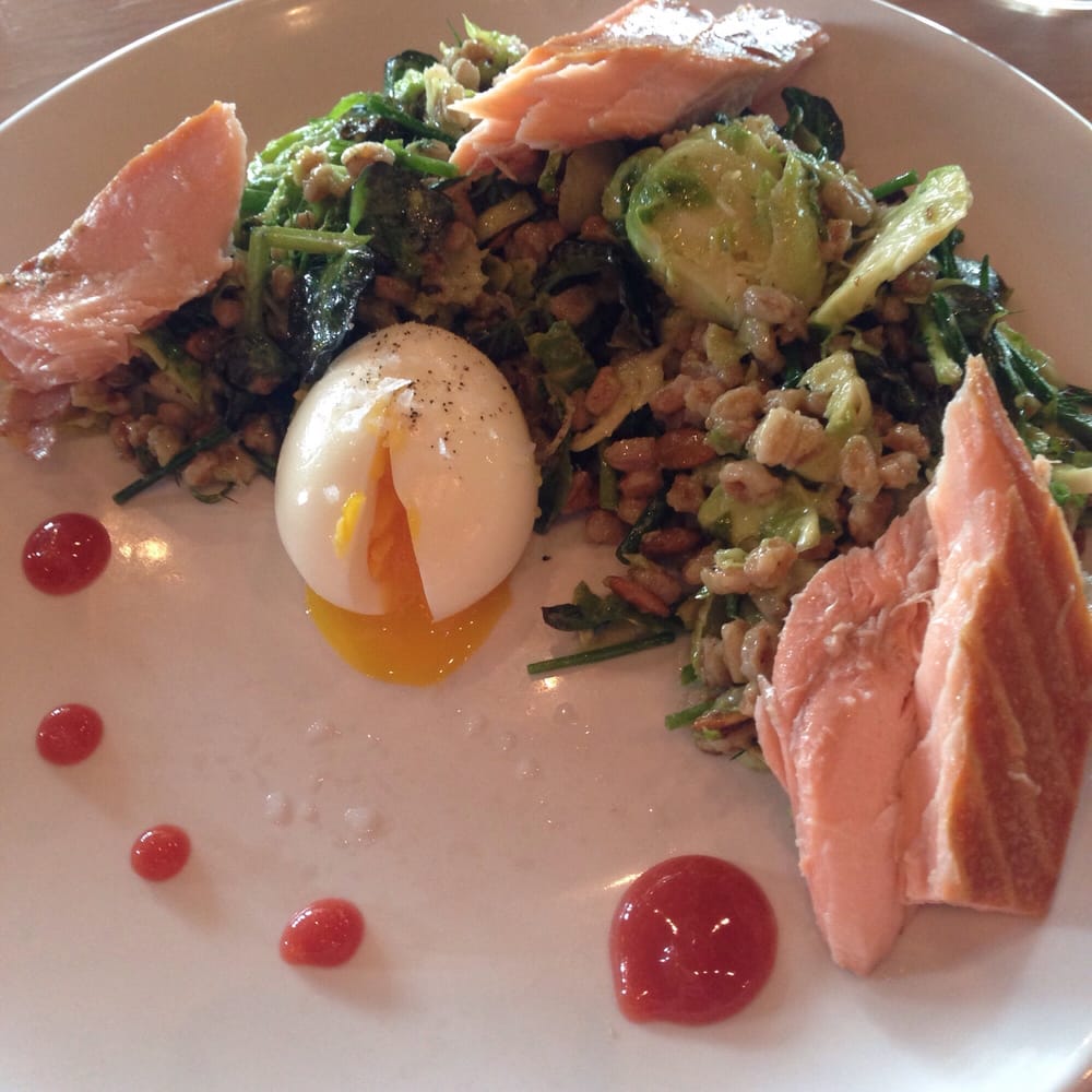 Farro salad smoked salmon, avocado, soft boiled egg, pepitas, lime