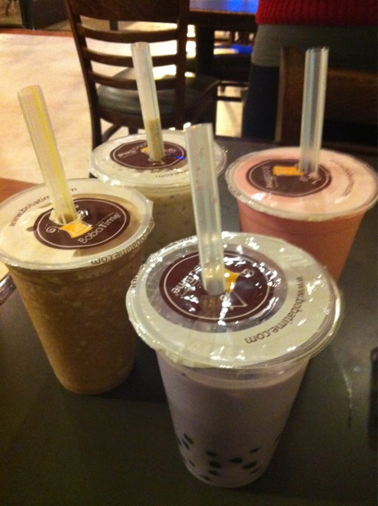 Mocha Frap, cookies n Creme shake, strawberry slush with boba, & taro