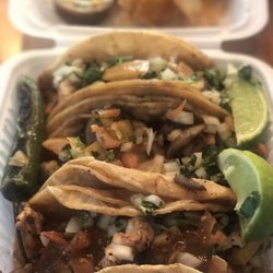 Photo of Americana Pizza & Taqueria - San Pablo, CA, United States. Shrimp tacos with grilled onions and mushrooms.  Super good!