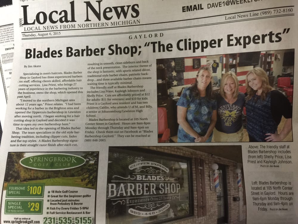 Blades Barber Shop Barbers 105 N Center Ave, Gaylord, MI Phone