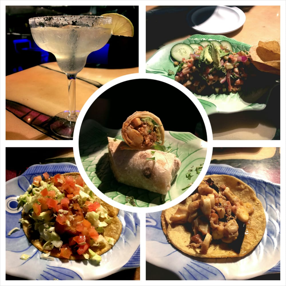 Margarita, shrimp ceviche, fish taco, octopus taco, and